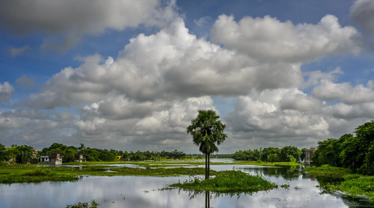 Monsoon clouds hover in the sky above a lake, in Nadia