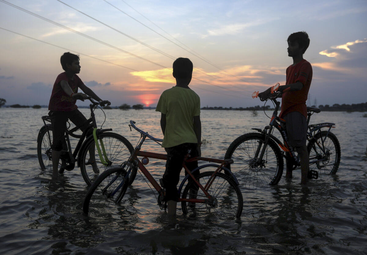 Youngsters with their bicycles stand at an inundated area following an increase in the water level of Ganga and Yamuna rivers during the monsoon season, in Prayagraj