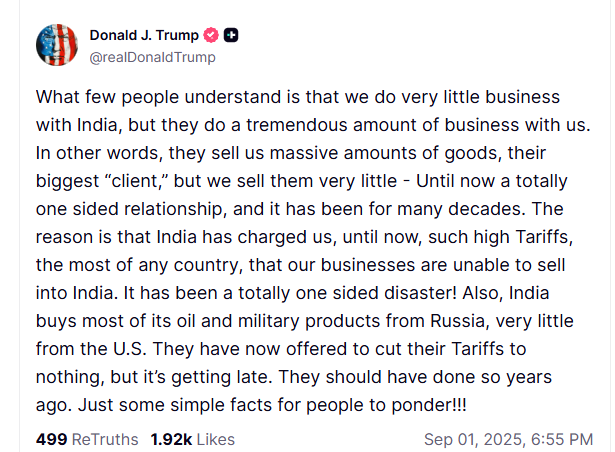 Trump's Truth Social post. 