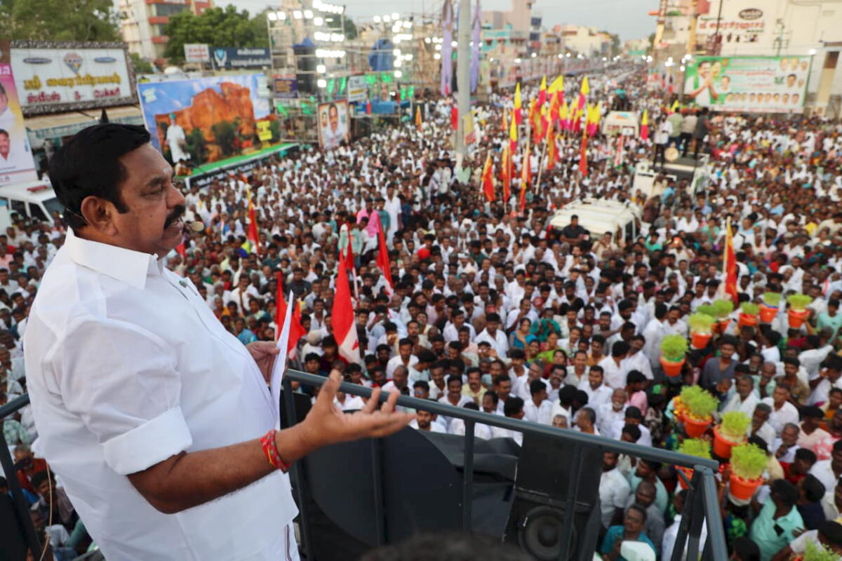 AIADMK General Secretary Edappadi K. Palaniswami addresses a rally, in Madurai.