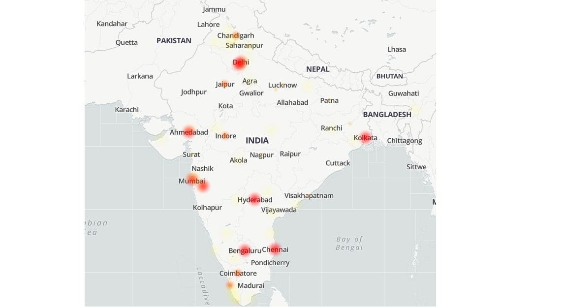 ChatGPT service outage heatmap of India.
