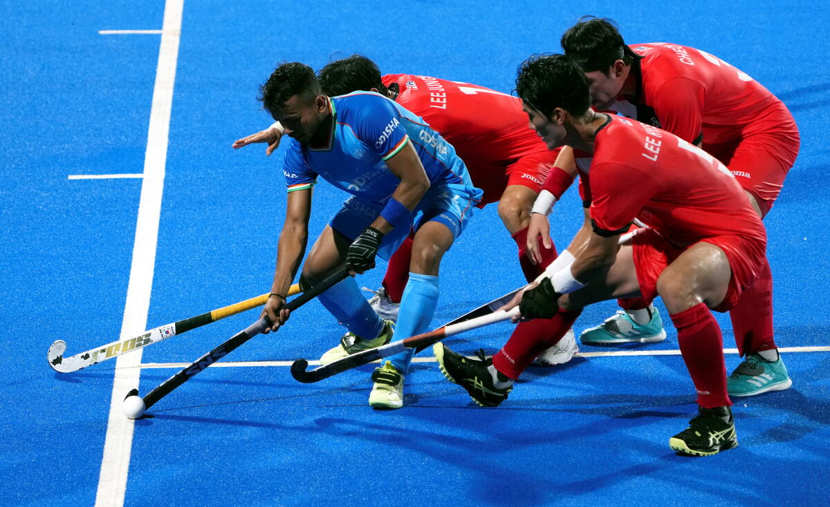 Rajgir: India and Korean players vie for the ball during Men's Hockey Asia Cup 2025 match, in Rajgir, Bihar, Wednesday, Sept. 3, 2025. 