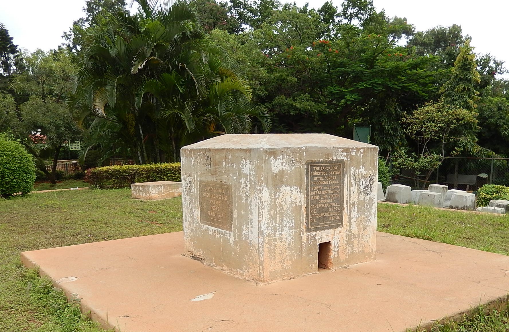  The southwest end of the Bengaluru baseline marker is located inside the Ramana Maharshi Park near the Kempegowda Tower off Ballari Road.