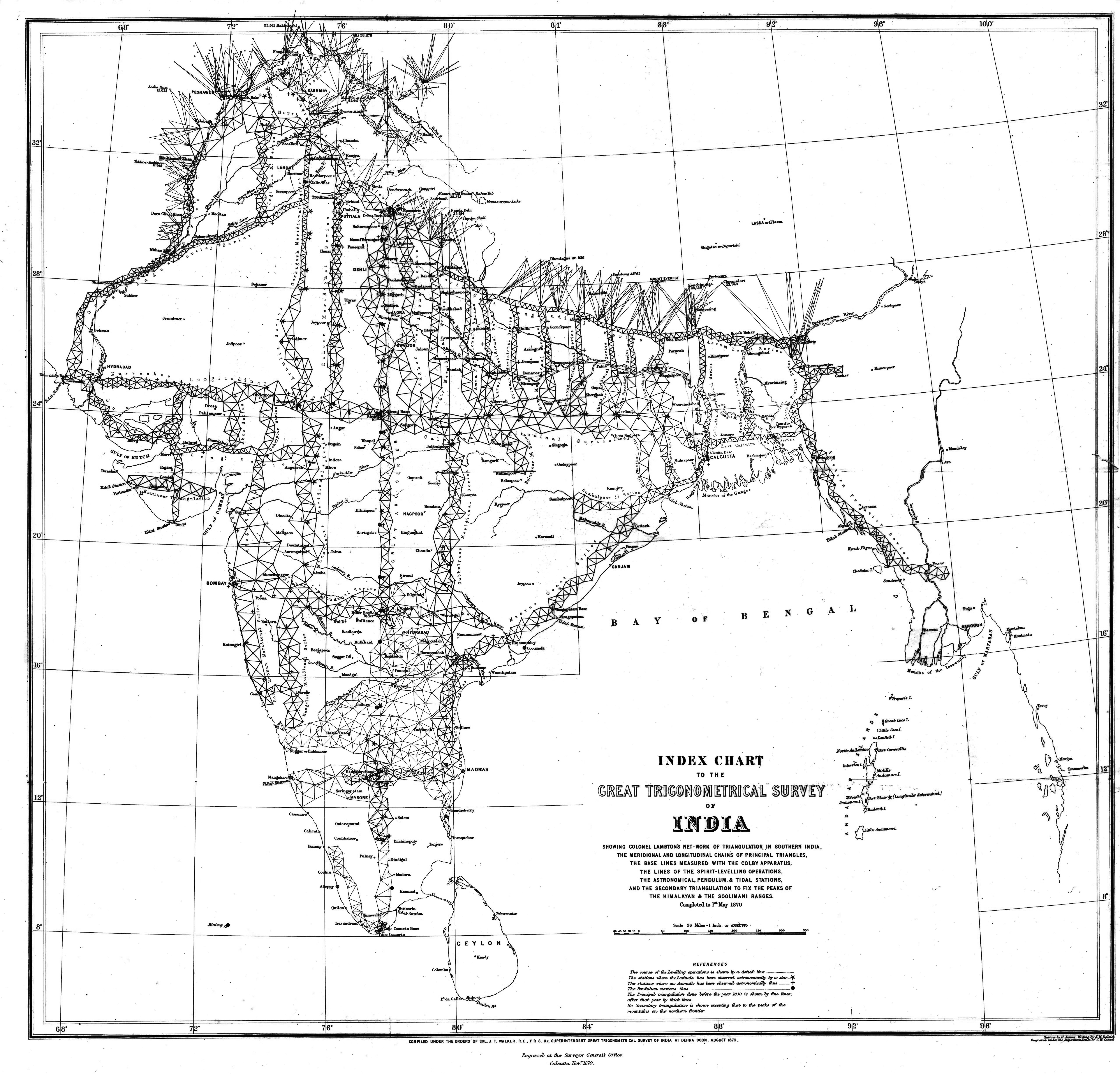 This 1870 map shows the network of principal triangulations across India. Source JT Walker. 1879. An Account of the Operations of the Great Trigonometrical Survey of India, Vol 2 History and Description.