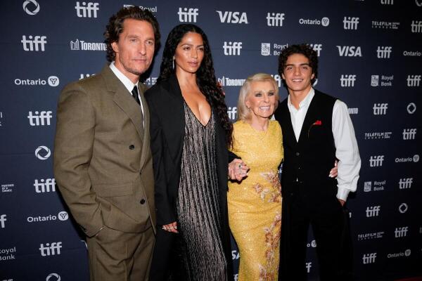 Cast member Matthew McConaughey, his wife Camila Alves, mother Mary Kathleen 'Kay' McConaughey and his son Levi Alves McConaughey pose during the red carpet for "The Lost Bus" as the Toronto International Film Festival (TIFF) returns for its 50th edition in Toronto.