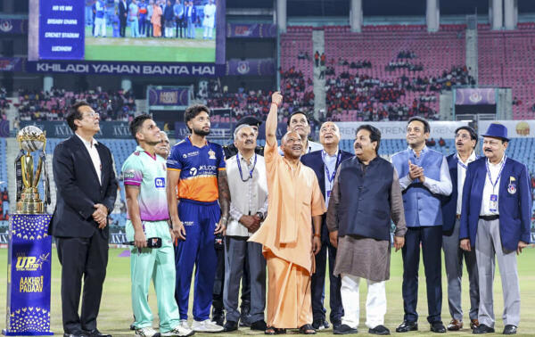 Uttar Pradesh Chief Minister Yogi Adityanath with Rajya Sabha MP and BCCI member Rajeev Shukla and others during the closing ceremony of UP T20 League Season 3, in Lucknow.