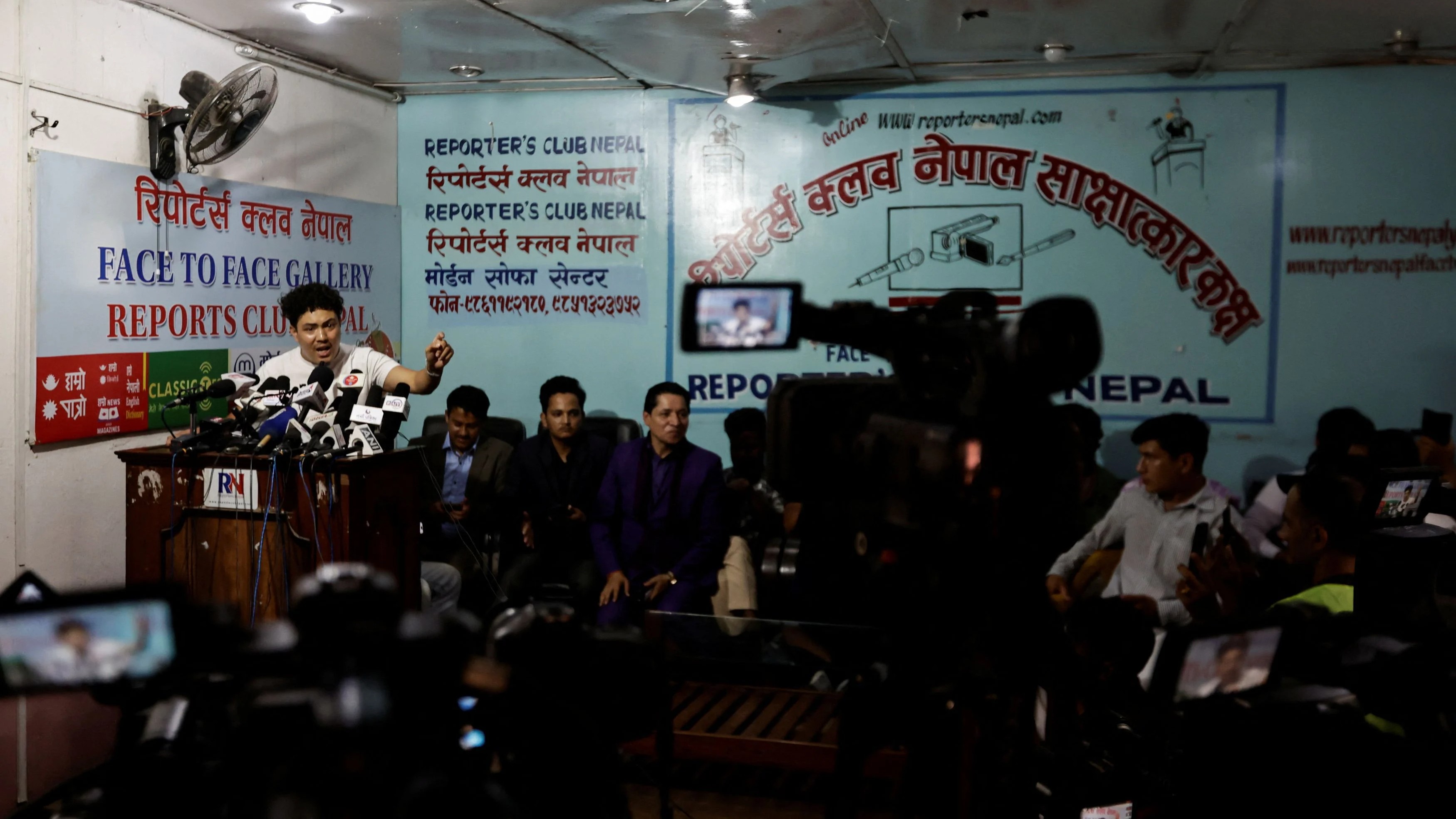 Ojaswi Raj Thapa, 24, one of the representatives of the Nepali Gen Z, speaks during a press meet following Monday's deadly anti-corruption protests  in Kathmandu, Nepal.