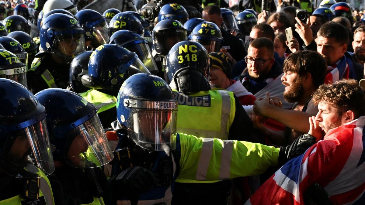 Anti-immigration rally of Tommy Robinson supporters, in London.