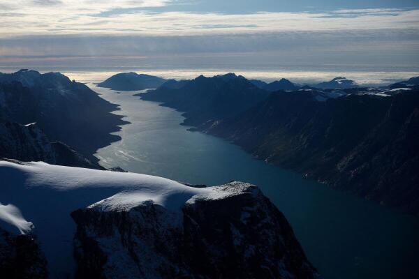 An aerial view shows a fjord in western Greenland.