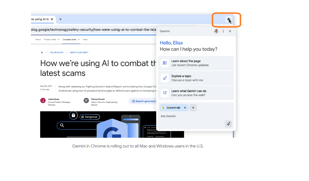 Google Chrome browser gets Gemini AI button.