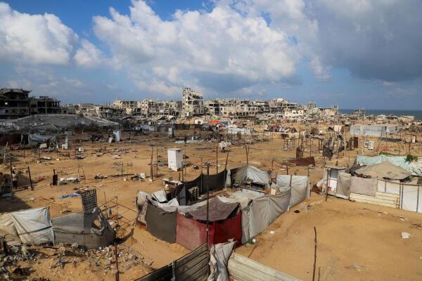 Tent camp abandoned by displaced Palestinians, who dismantled their tents to flee Gaza City.