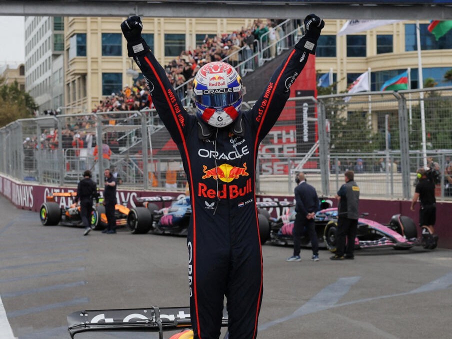 Red Bull's Max Verstappen celebrates winning the Azerbaijan Grand Prix.