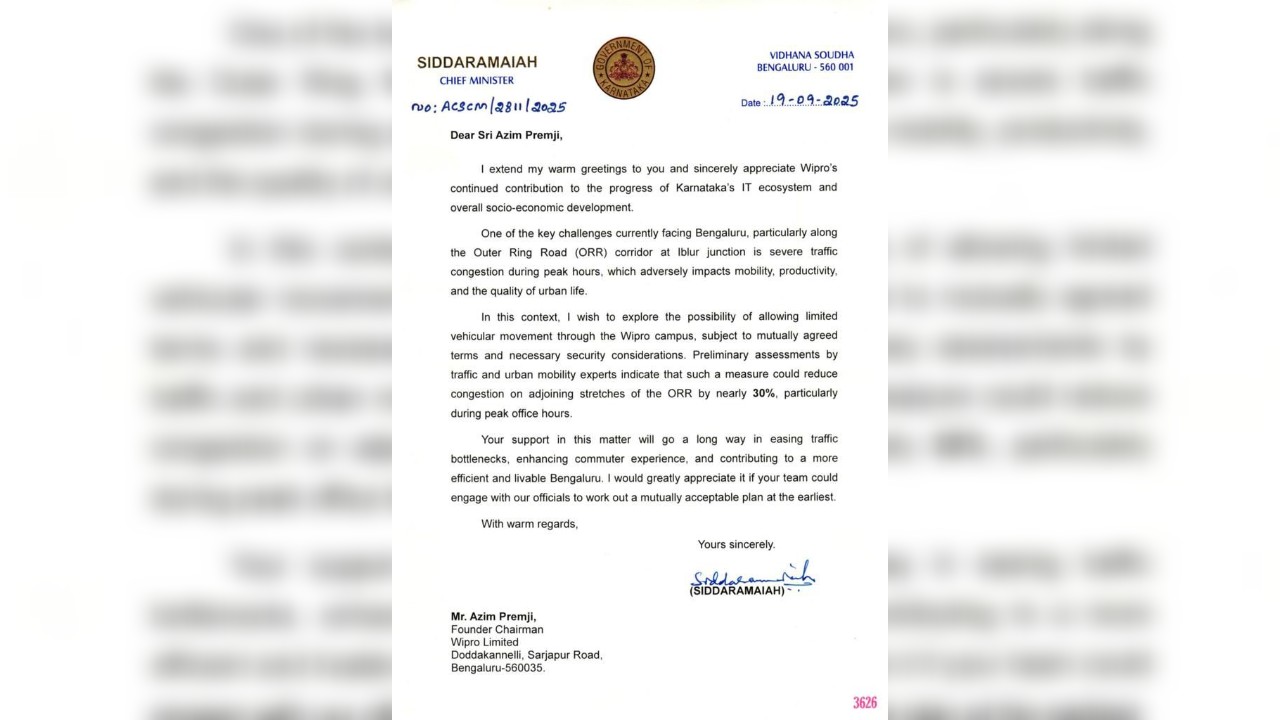 Karnataka Chief Minister Siddaramaiah's letter to Wipro founder-chairman Azim Premji. 