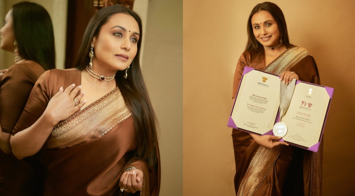 Rani Mukerji wears Sabyasachi saree, sports daughter Adira's name at 71st National Awards