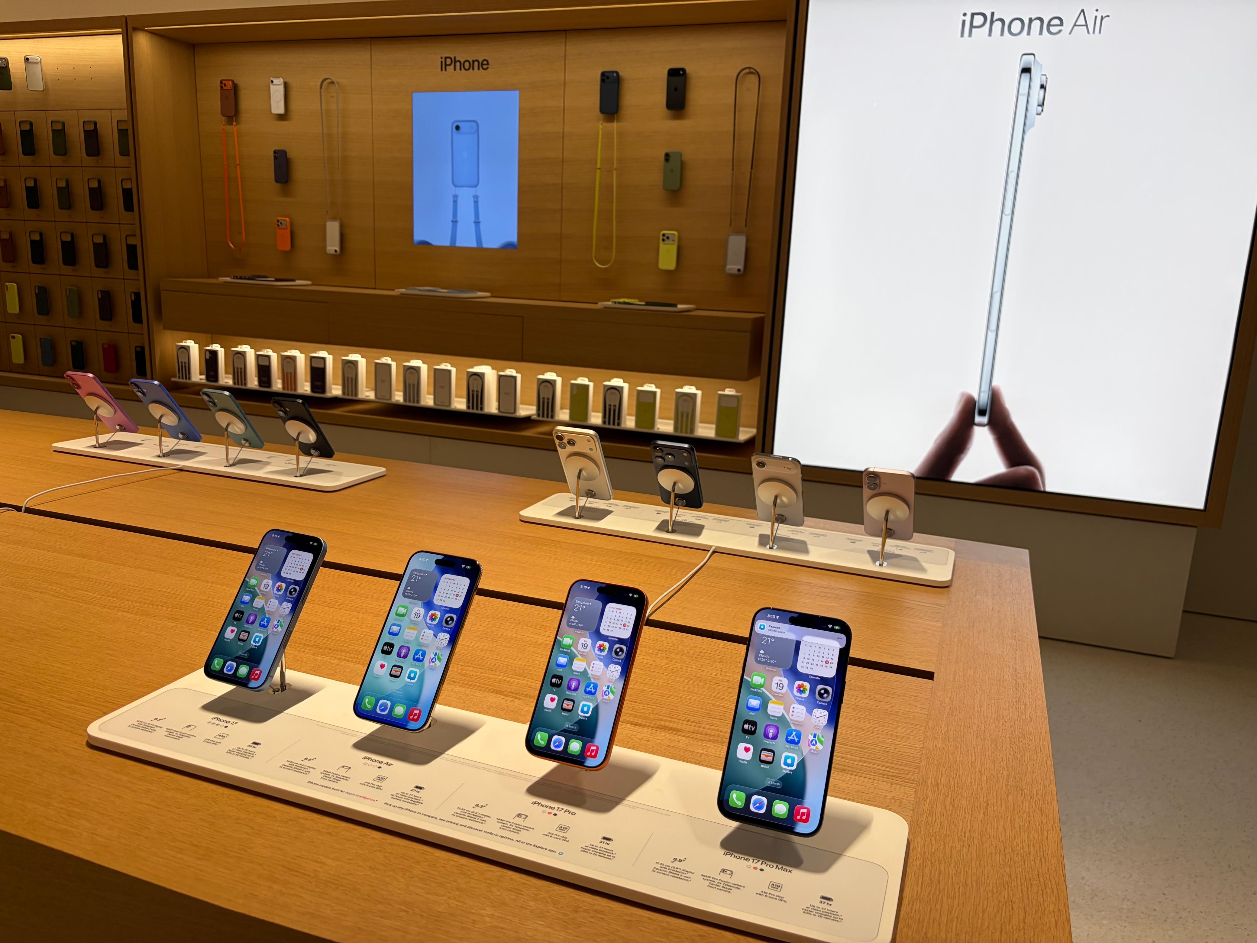 The iPhone Air, iPhone 17, 17 Pro and 17 Pro Max displayed at Apple Hebbal Store, Bengaluru.