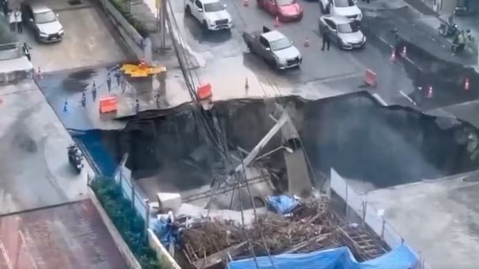Watch: Massive 50-metre sinkhole opens near Bangkok hospital; damages vehicles, electricity poles