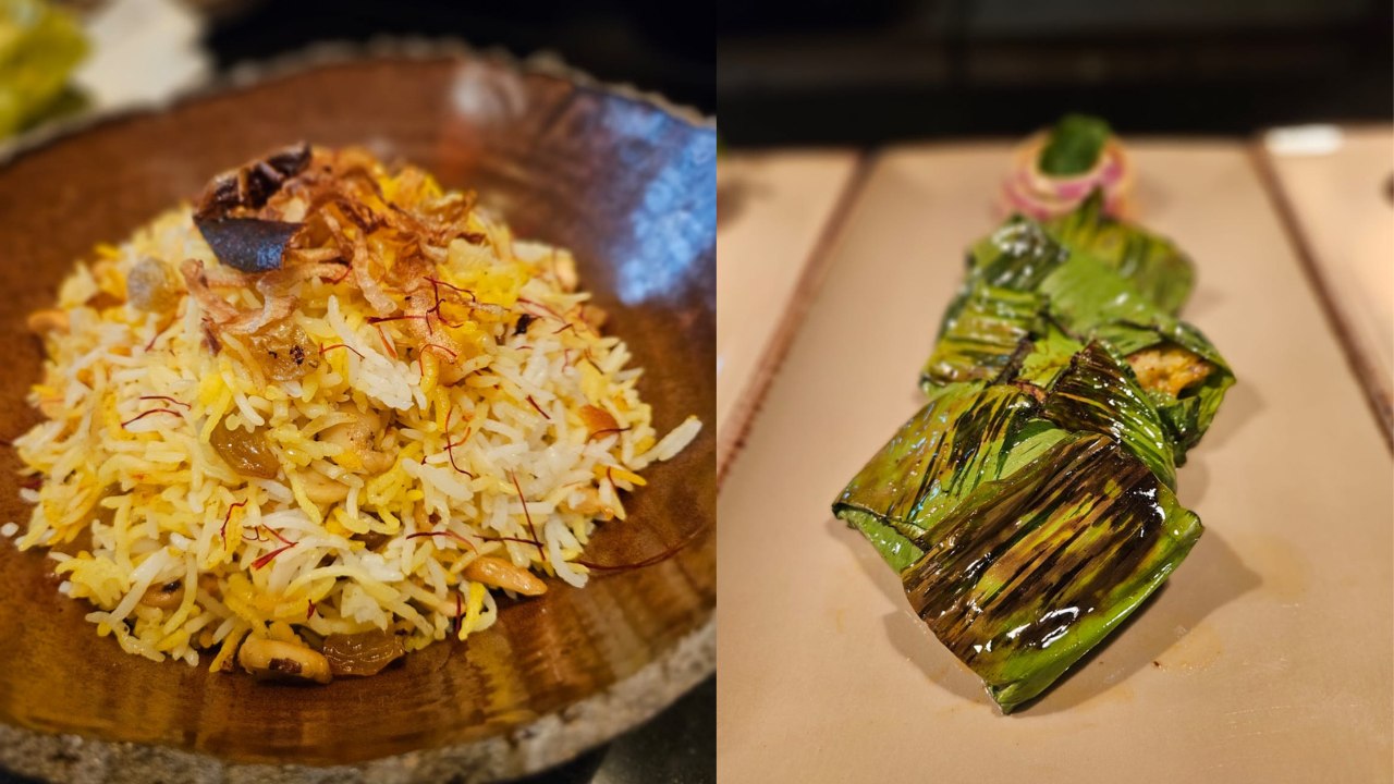 Basanti Polao (L) and Chingri Pitha (R).