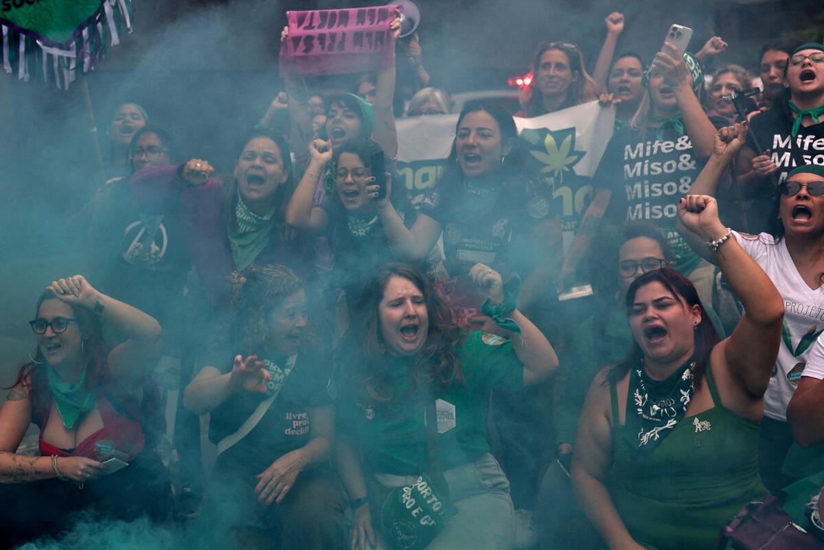 Abortion rights activists take part in a demonstration for the decriminalisation and legalisation of abortion, during International Safe Abortion Day in Sao Paulo, Brazil September 28, 2025.