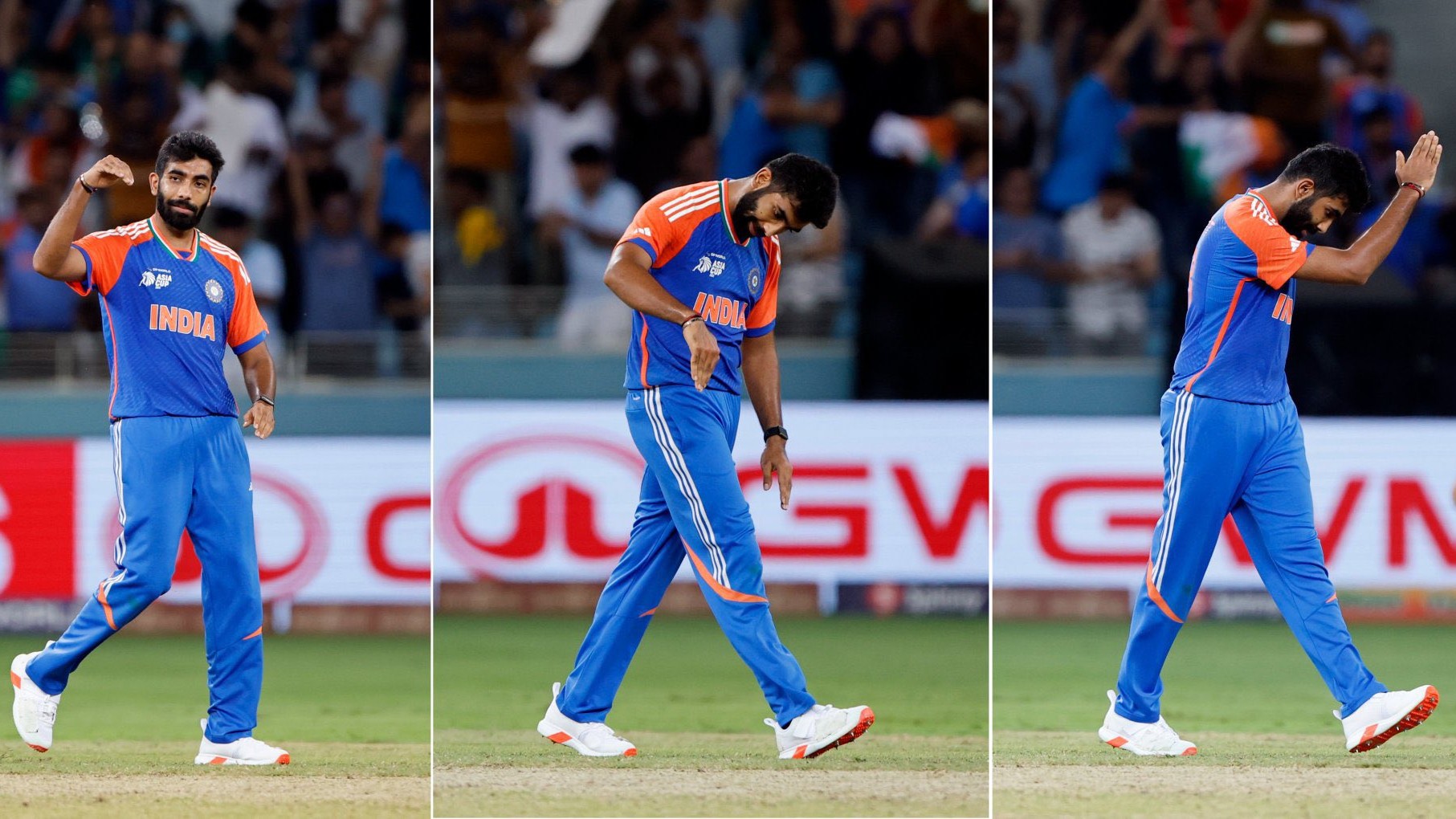 Jasprit Bumrah in action after dismissing Haris Rauf.