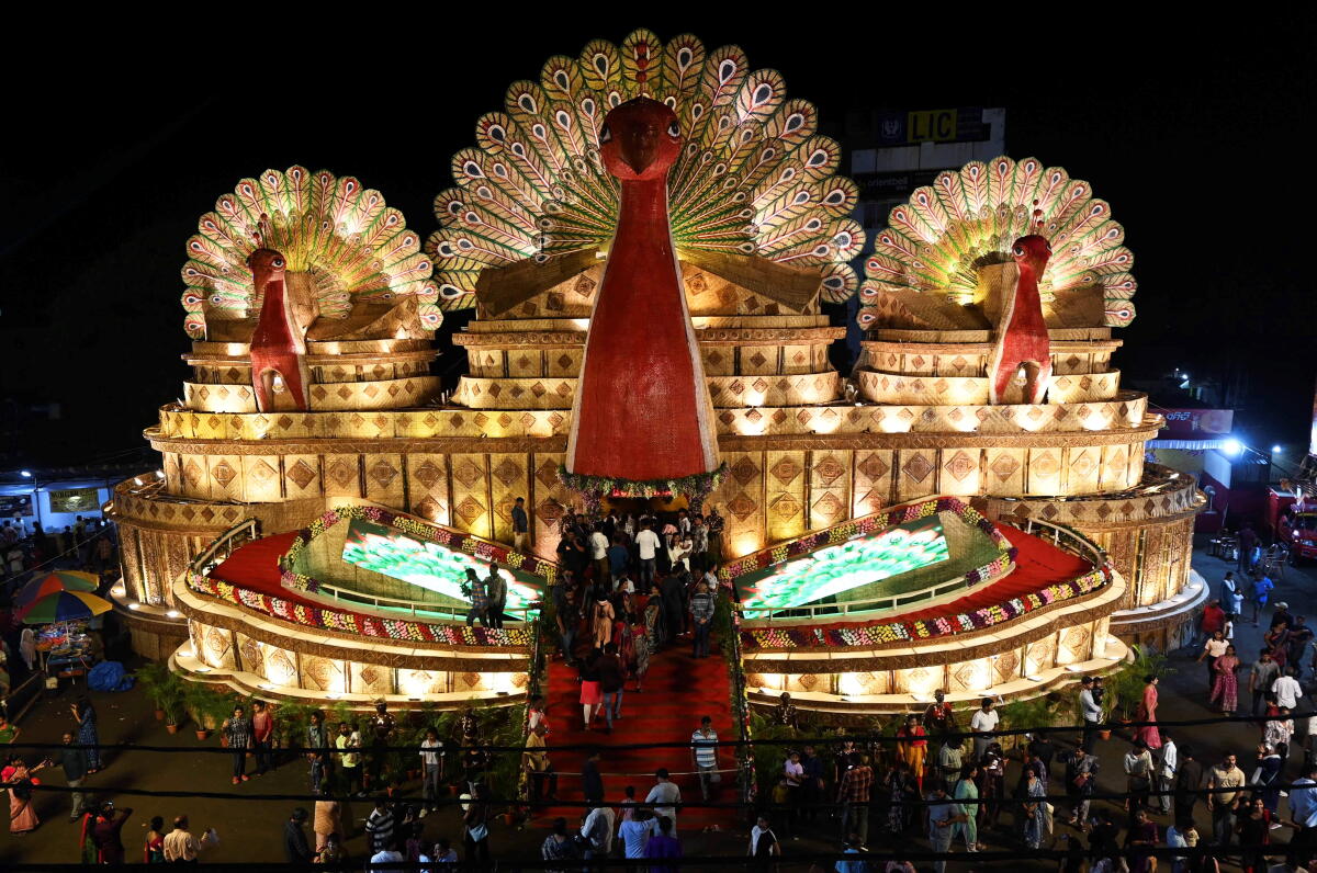 An illuminated view of the Bomikhal Durga Puja pandal during the festival, in Bhubaneswar, Sunday, Sept. 28, 2025.