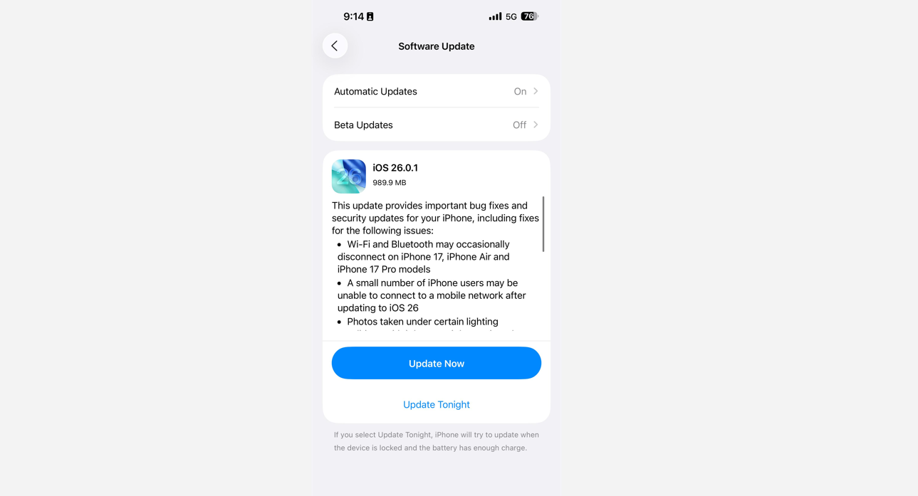 Apple rolls out iOS 26.0.1 update.