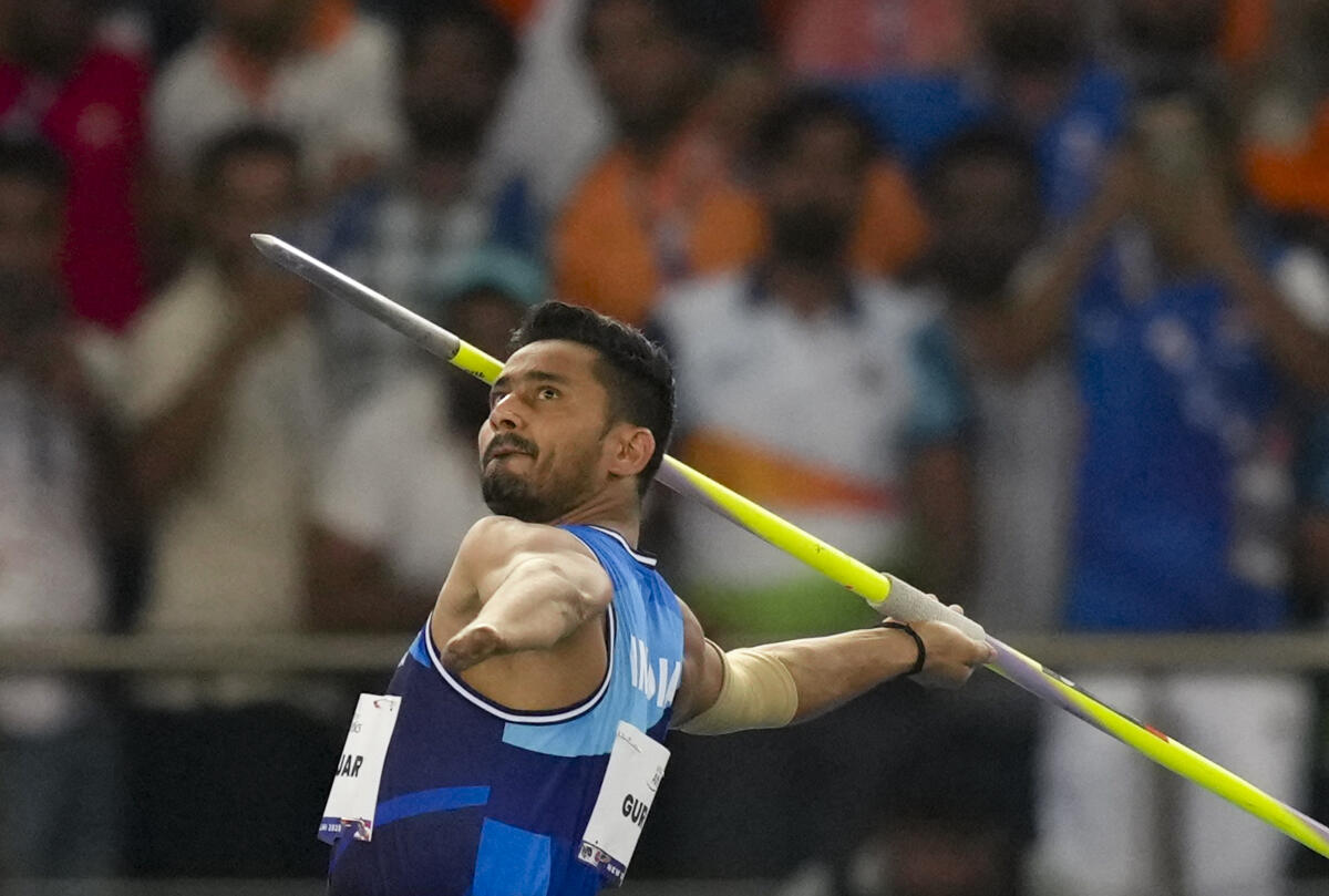 India's Sundar Singh Gurjar at the Men's Javelin Throw F46 final event during the World Para Athletics Championships 2025, at Jawaharlal Nehru Stadium, in New Delhi, Monday, Sept. 29, 2025.