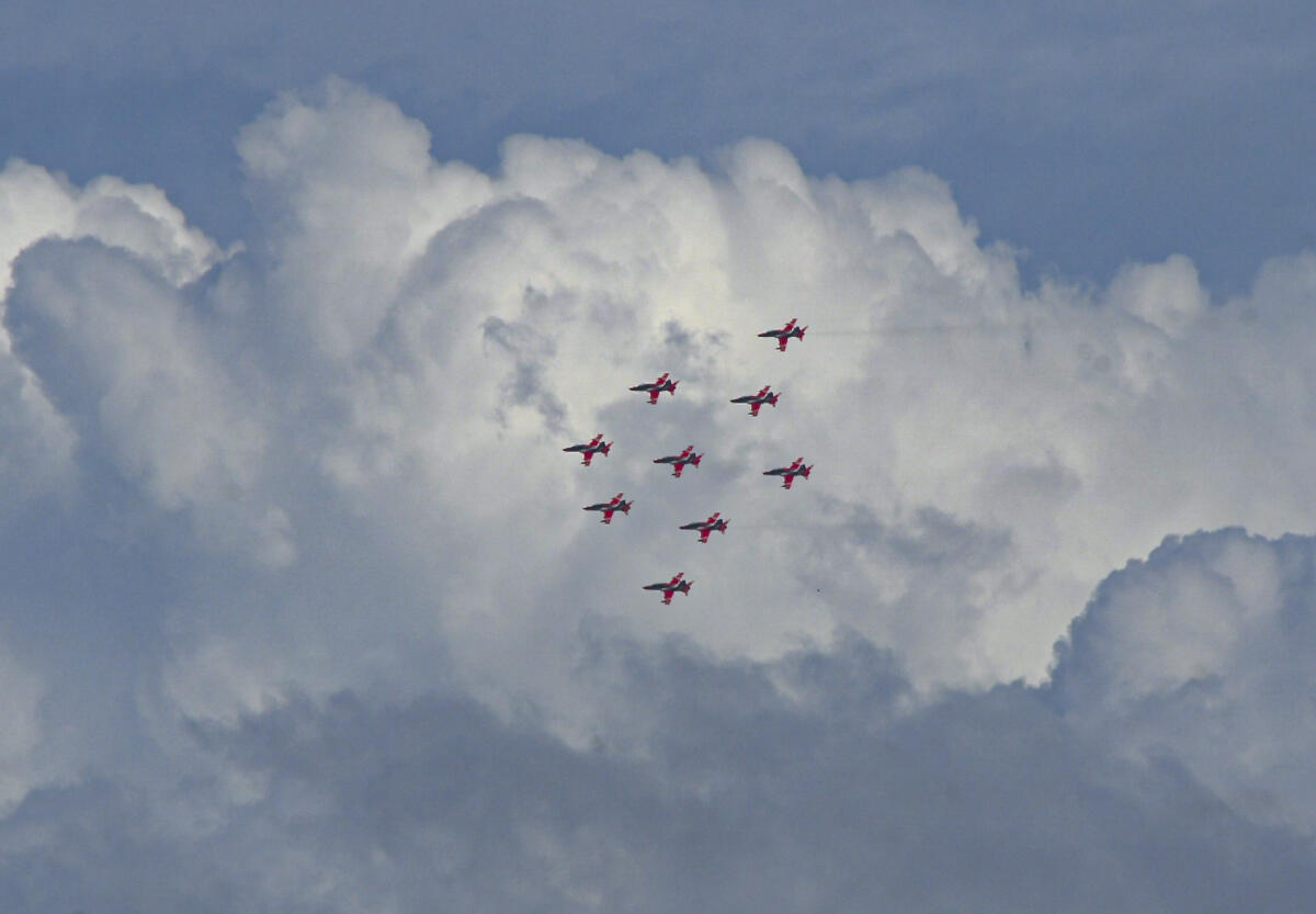 Indian Air Force’s (IAF) Surya Kiran Aerobatic Team (SKAT) conducts the Dasara Air Show rehearsal, at Bannimantap Parade Ground, in Mysuru