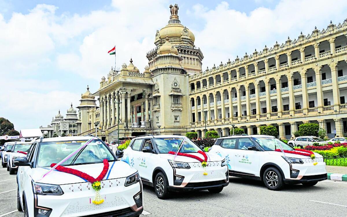 The new eco-friendly vehicles of the Karnataka State Pollution Control Board parked in front of Vidhana Soudha during their launch ceremony,in Bengaluru on Monday. 