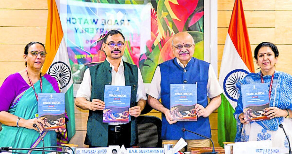 Niti Aayog CEO B.V.R Subrahmanyam (second from right) releases the fourth edition of ‘Trade Watch Quarterly’ report, in New Delhi, on Monday. 