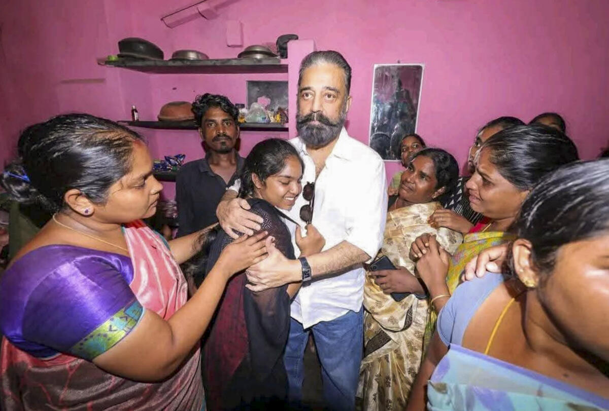 Veteran actor and MP Kamal Haasan meets family members of the victims of the Tamilaga Vettri Kazhagam (TVK) rally stampede, in Tiruchirappalli, Tamil Nadu.
