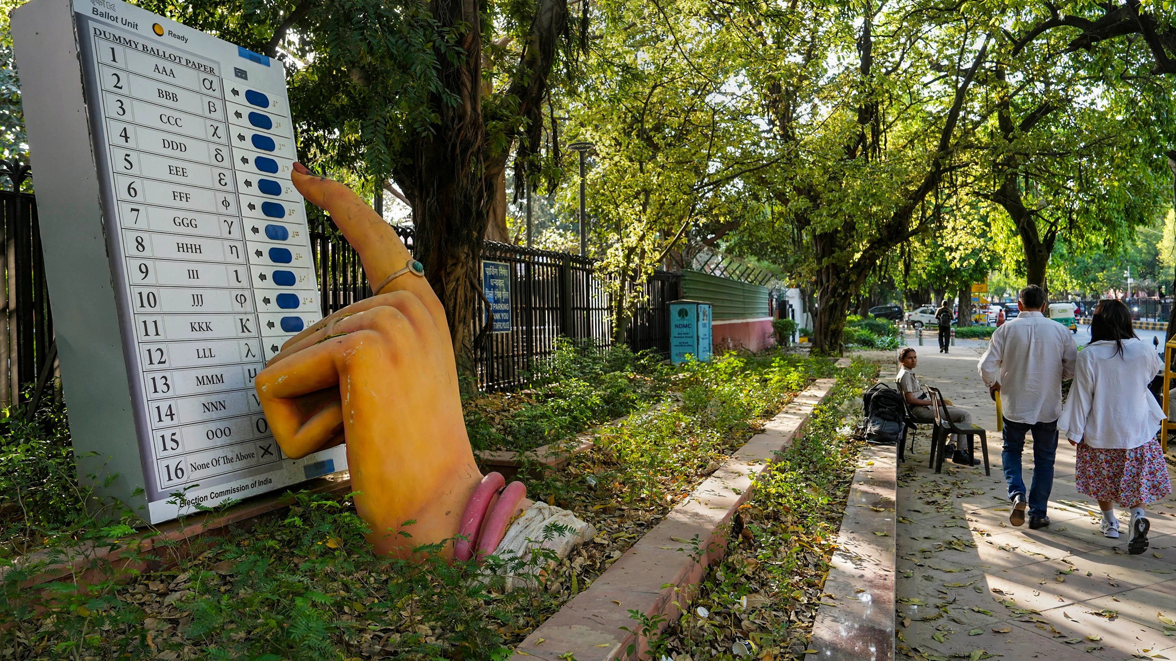A model of Electronic Voting Machine (EVM) outside Election Commission of India (ECI) office, in New Delhi.