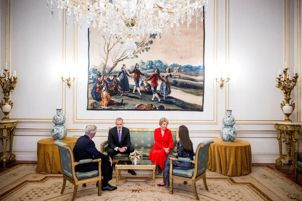 Spain's King Felipe VI and Queen Letizia are welcomed by Belgium's King Philippe and Queen Mathilde, at the Royal Palace in Brussels, Belgium.