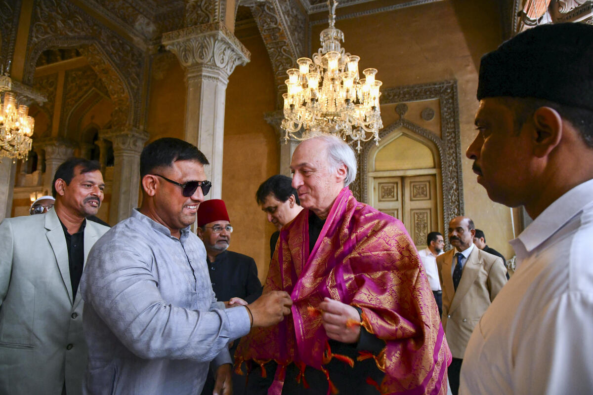 Titular Nizam of Hyderabad Azmet Jah Bahadur being felicitated during a gathering at Chowmahalla Palace, in Hyderabad.