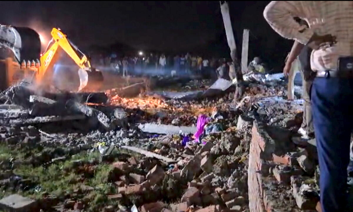 Rescue operation underway after a house collapsed following an explosion, at Pagla Bhari village in Ayodhya, Thursday, Oct. 9, 2025. At least five people were killed in the incident. Credit: PTI