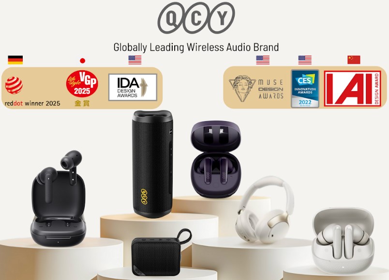 QCY earphones, headphones and speakers.