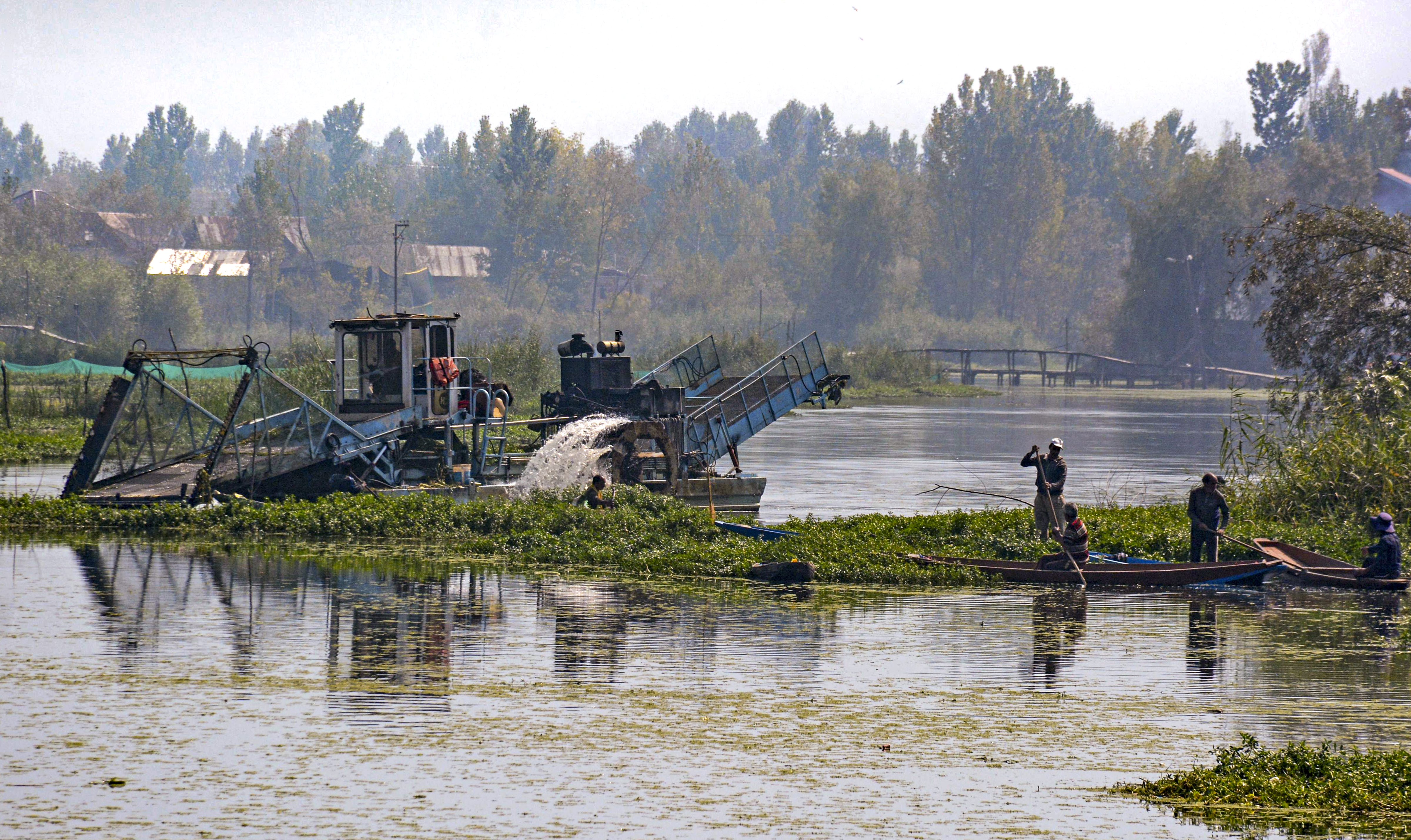 Workers carry out cleanup of contaminated water body in Srinagar