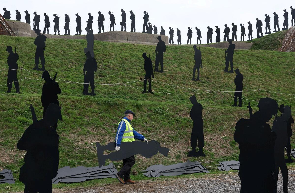 Large scale art installation 'For Your Tomorrow', marking French D-Day landings casualties during World War II, by artist Barton and Standing with Giants charity, recreated at Fort Nelson, Portsmouth.