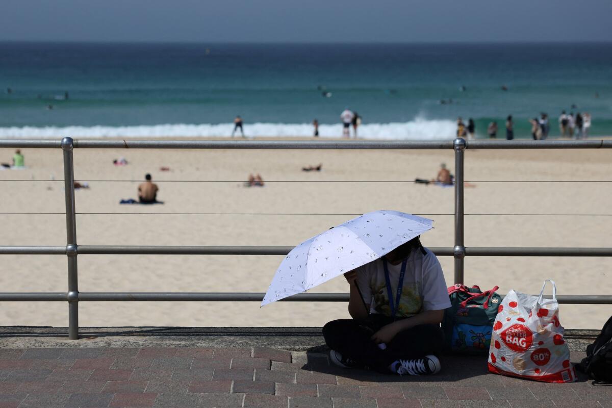 A person shelters under an umbrella at Bondi Beach, as temperatures are expected to reach a top of 39 degrees Celsius, according to the Bureau of Meteorology, in Sydney, Australia.