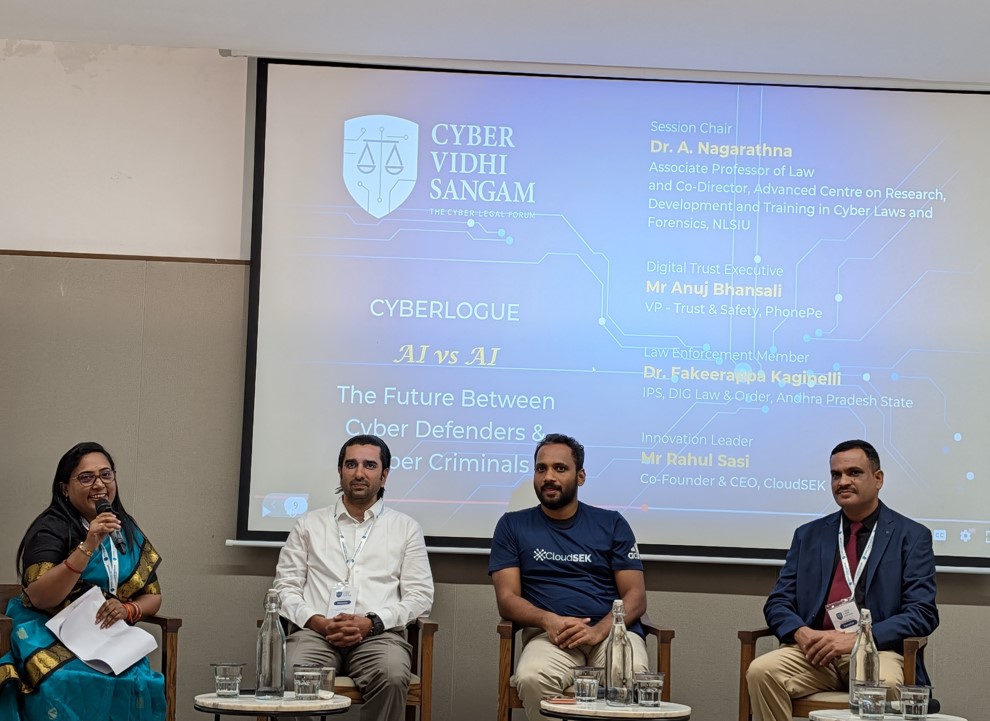 Dr A Nagarathna (Associate Professor of Law, NLSIU) consisted of Anuj Bhansali (VP Trust &amp; Safety, PhonePe), Rahul Sasi (Co-Founder &amp; CEO, CloudSEK), and Dr. Fakkeerappa Kaginelli, IPS (DIG Law and Order, Andhra Pradesh State) at Cyber Vidhi Sangam event, in Bangalore International Centre, on October 24, 2025.