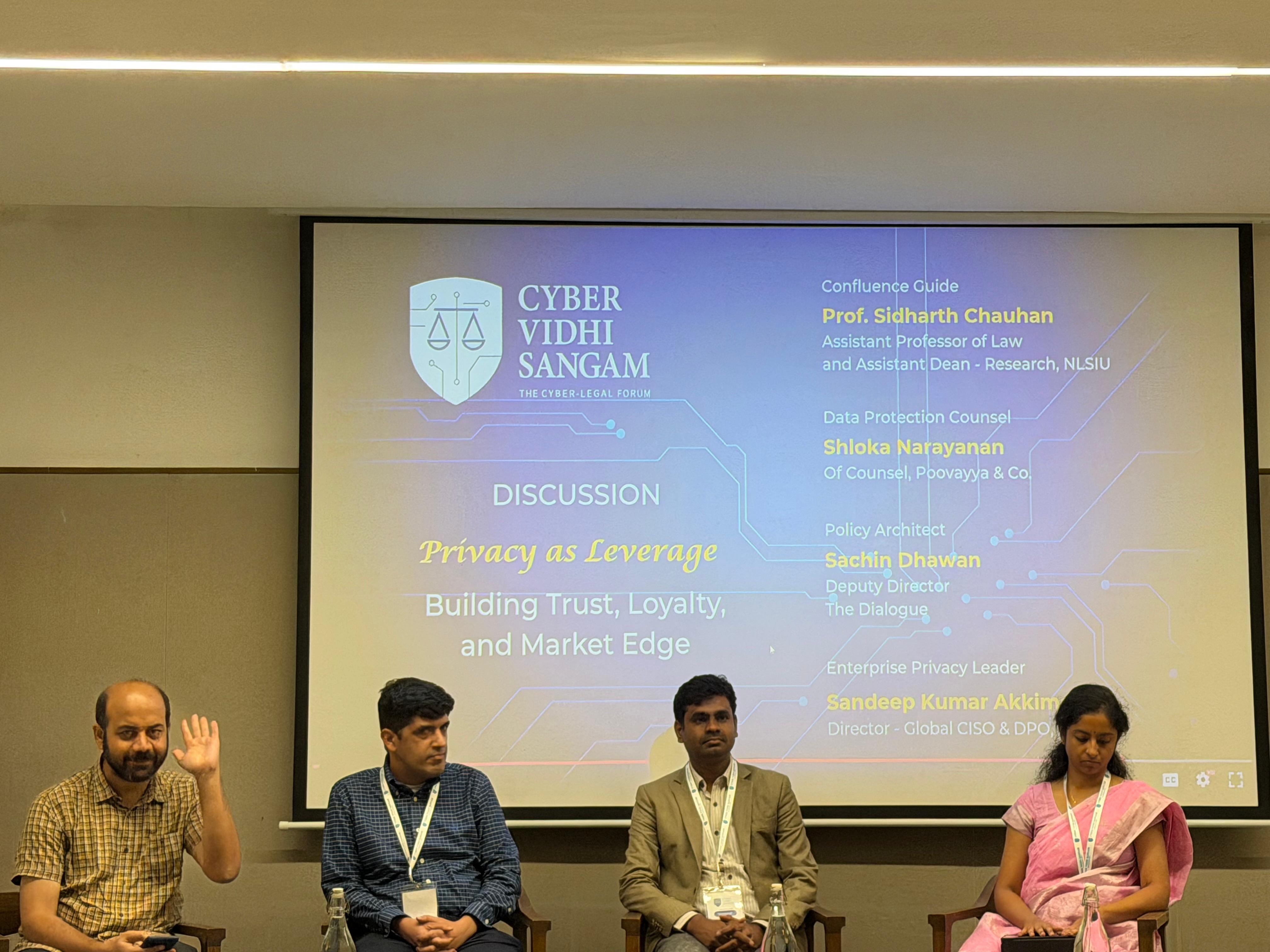 From left to right: Sidharth Chauhan (Asst. Prof. and Asst. Dean-Research, NLSIU), Sachin Dhawan (Deputy Director, The Dialogue),  enterprise privacy leader Sandeep Kumar Akkimolla (ANSR), and Data protection counsel Shloka Narayanan (Poovayya &amp; Co.) at Cyber Vidhi Sangam event at Bangalore International Centre, on October 24, 2025.