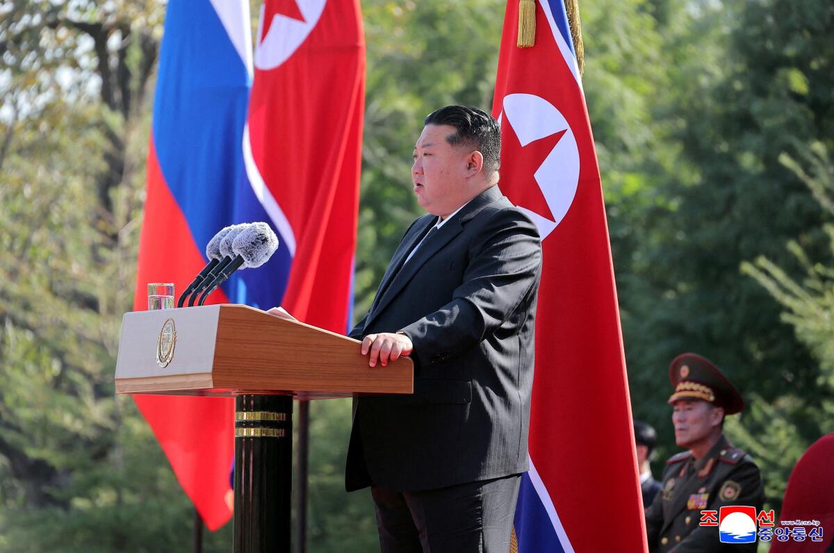 North Korean leader Kim Jong Un delivers a speech at the groundbreaking ceremony for the Overseas Military Operations Battle Merit Memorial Hall, for North Korean soldiers who fought alongside Russia in Kursk regions, in Pyongyang, North Korea.