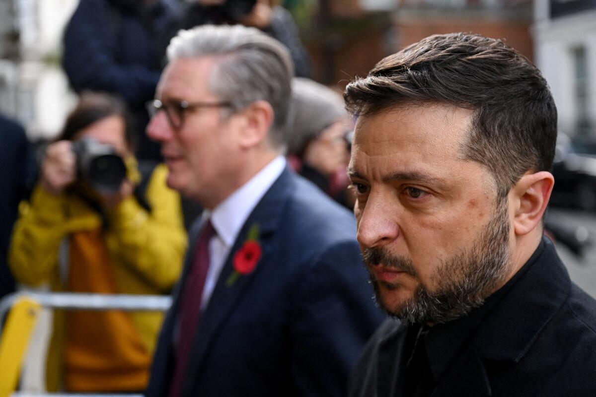 British Prime Minister Keir Starmer and Ukrainian President Volodymyr Zelenskiy outside 10 Downing Street, on the day of a Coalition of the Willing meeting, in London, Britain.