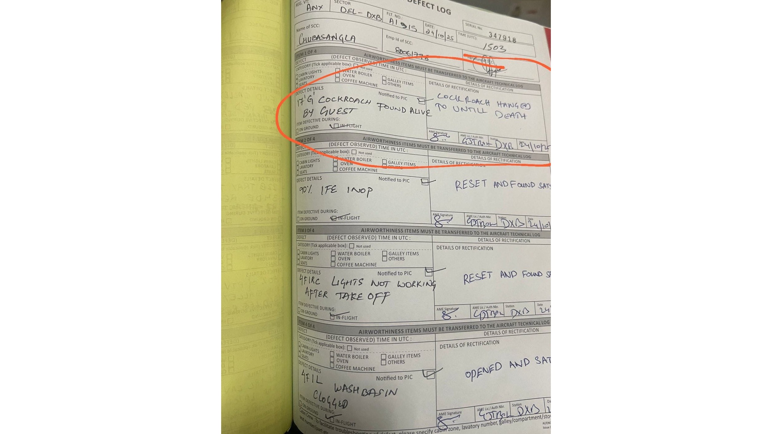 'Cockroach hanged to until death': Air India flight's defect logbook note goes viral on social media
