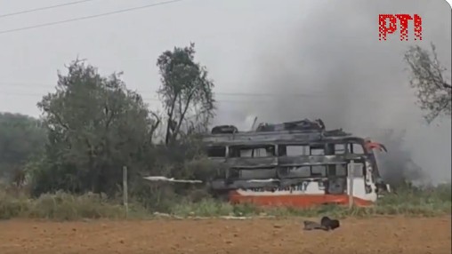 Watch | Private bus catches fire after touching live wire in Jaipur; two dead