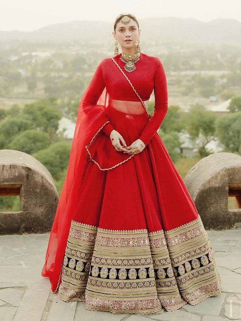 fitted lace wedding dress Aditi Rao Hydari in our Red Nurekha Pleated Pre-Stitched Saree – Bhumika  Sharma main image 1
