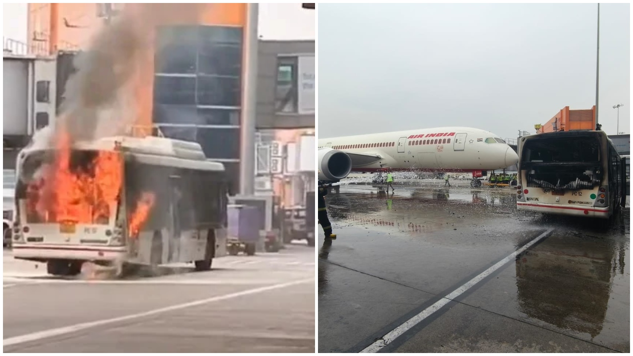 Watch | Air India bus catches fire at Delhi Airport Terminal 3