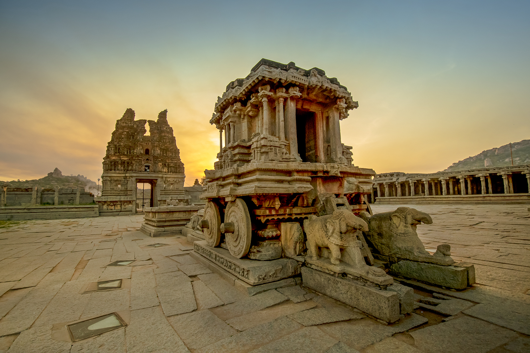 The stone chariot at the Vijaya Vittala temple in Hampi is one of Karnataka