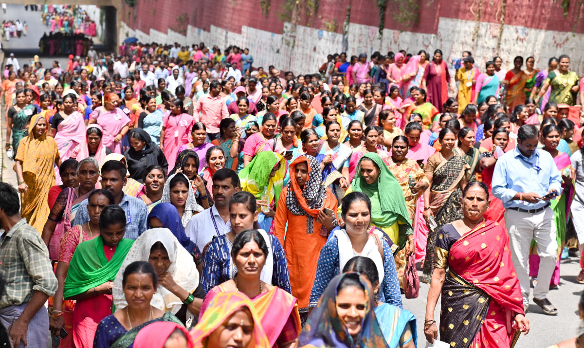 Women at the Maharaja's College grounds in Mysuru during launch of state government's 'Grihalakshmi' scheme.