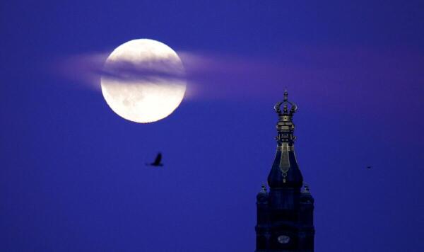 A super moon, known as the Hunter's Moon rises next to the Saxony State Chancellery, in Dresden, Germany.