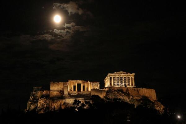 The full moon, known as the “Beaver moon” above the Acropolis in Athens, Greece.